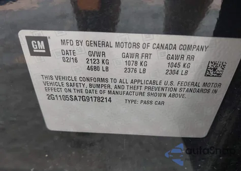 2016 Chevrolet Impala 1Lt z USA, uszkodzony, nr VIN 2G1105SA7G9178214